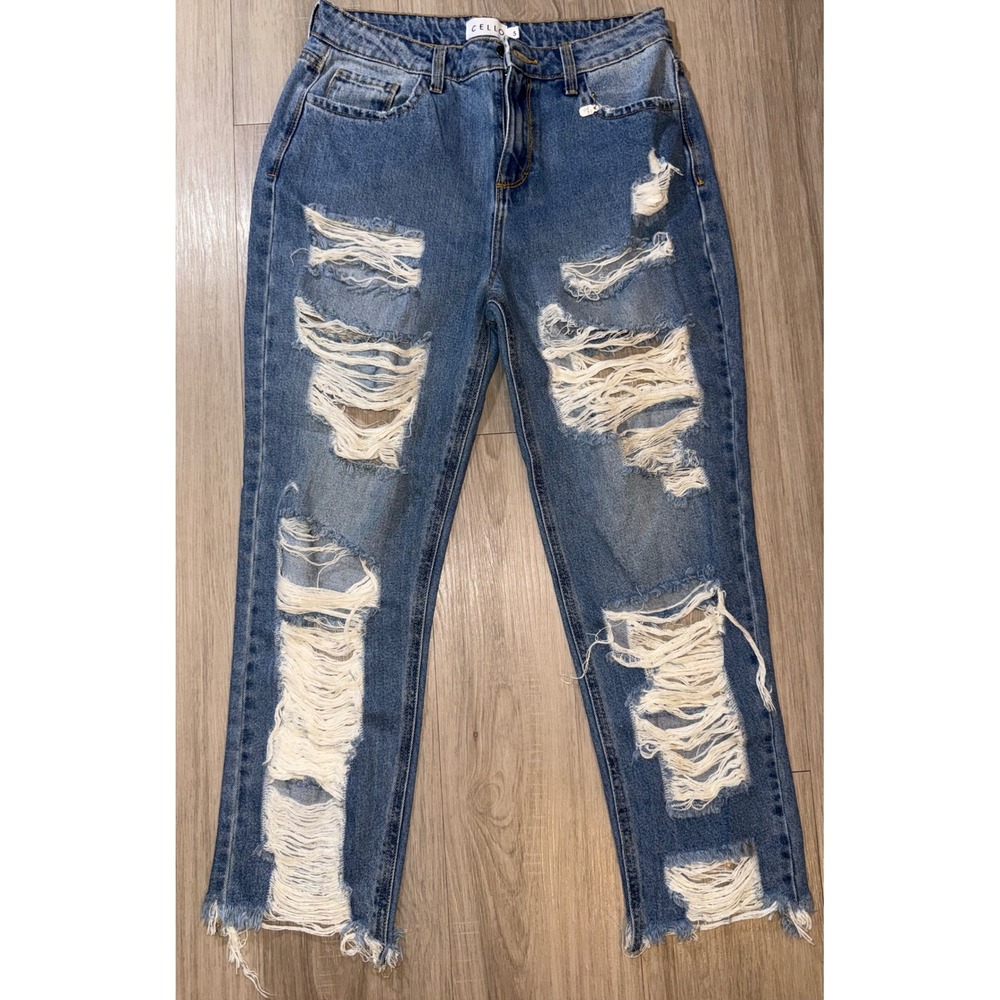 Cello High Waisted Distressed Straight Leg Jeans Medium Wash Blue Ripped Size 5